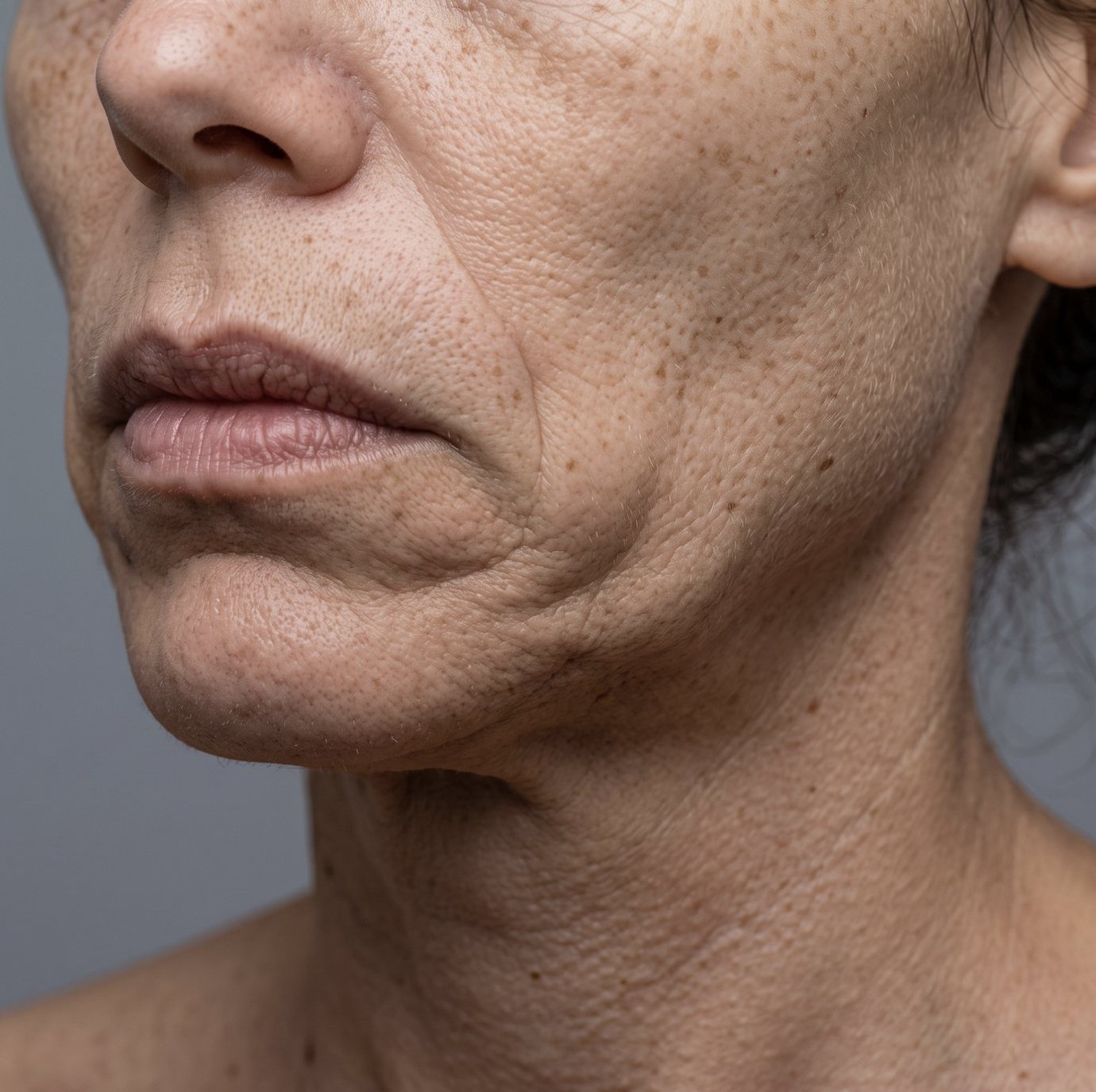 Close up of a woman's lower face showing volume loss and skin laxity along the jawline after rapid weight loss
