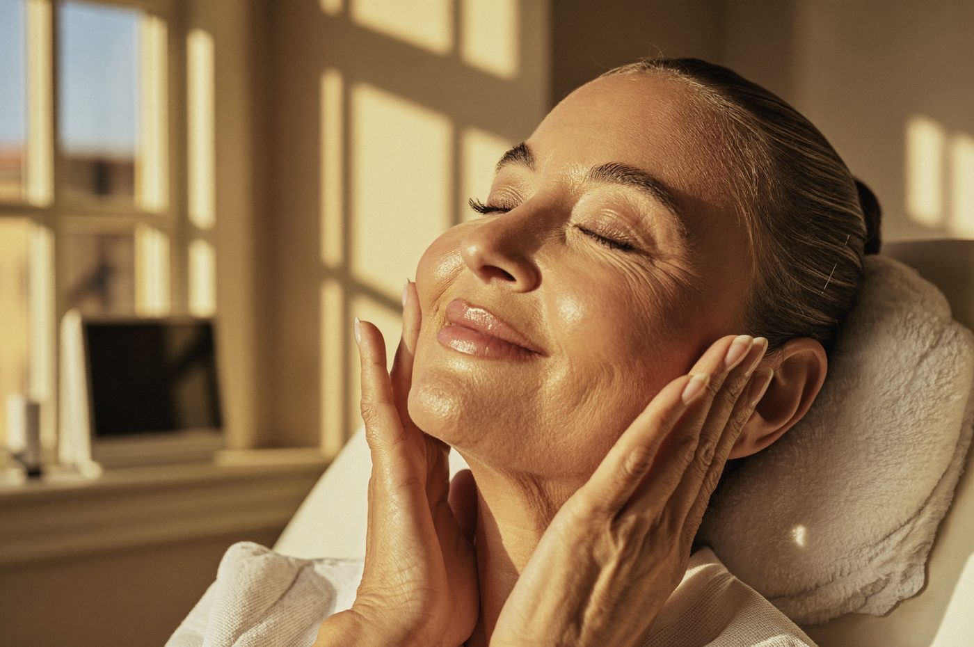 A woman in her fifties with softly restored cheeks in warm window light