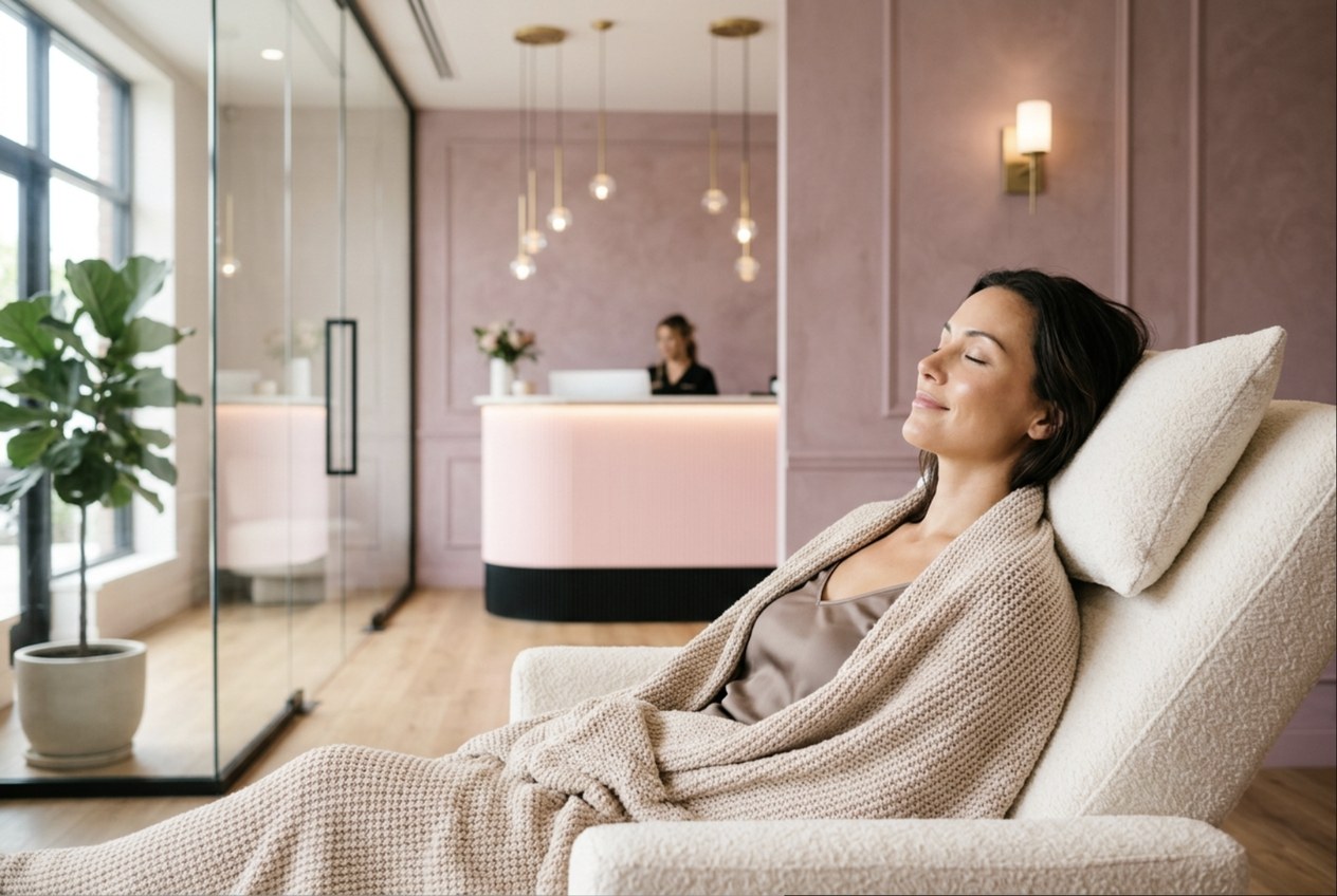 Client relaxing in the wellness lounge at Mirror by Nurse Yara in Milton